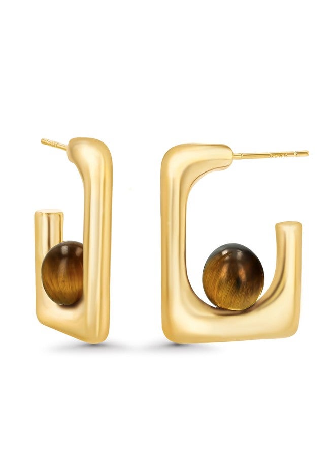 SNGIA Thin 18K gold plated Open Square Hoops Statement Earrings with Brown Tiger Eye Stone for Women by SNGIA, Small Bold Handmade Exaggerated Irregular Trendy Jewelry Gifts, Simple Geometric Post Hoop Huggie Summer Beach Fashion Earrings Accessories, Dainty Vintage Nickle Free Dangle Earrings. - Image 1
